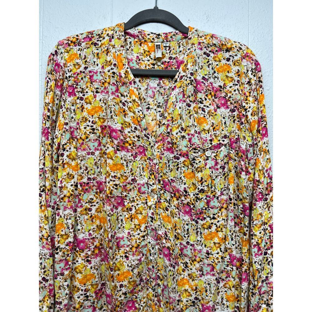 Kut From The Kloth Floral Crinkled Shirt Womens XL Roll Tab Sleeves Relaxed Boho - Picture 3 of 13
